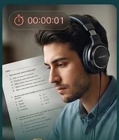 A learner in headphones taking a listening test