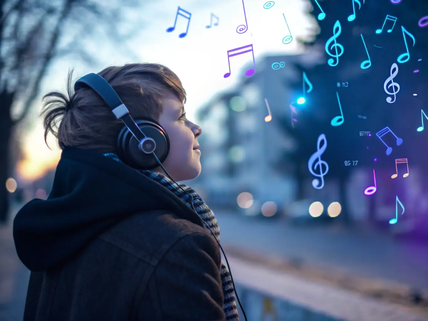 A person listening to audio through headphones, with a visual representation of sound waves emanating from the device.