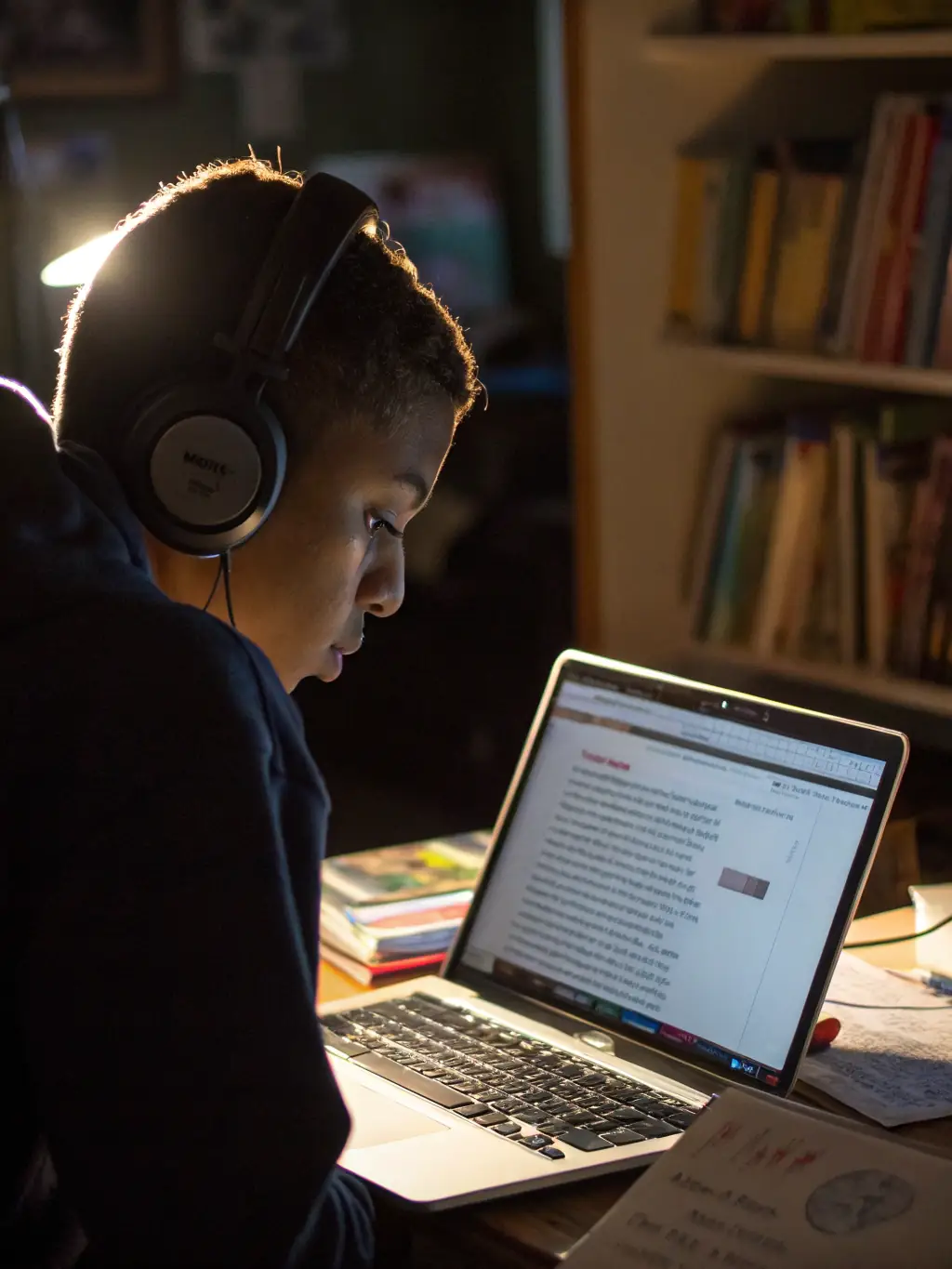 A focused student wearing headphones, intently listening to a lesson on a laptop, showcasing the personalized learning experience offered by Lisenia.